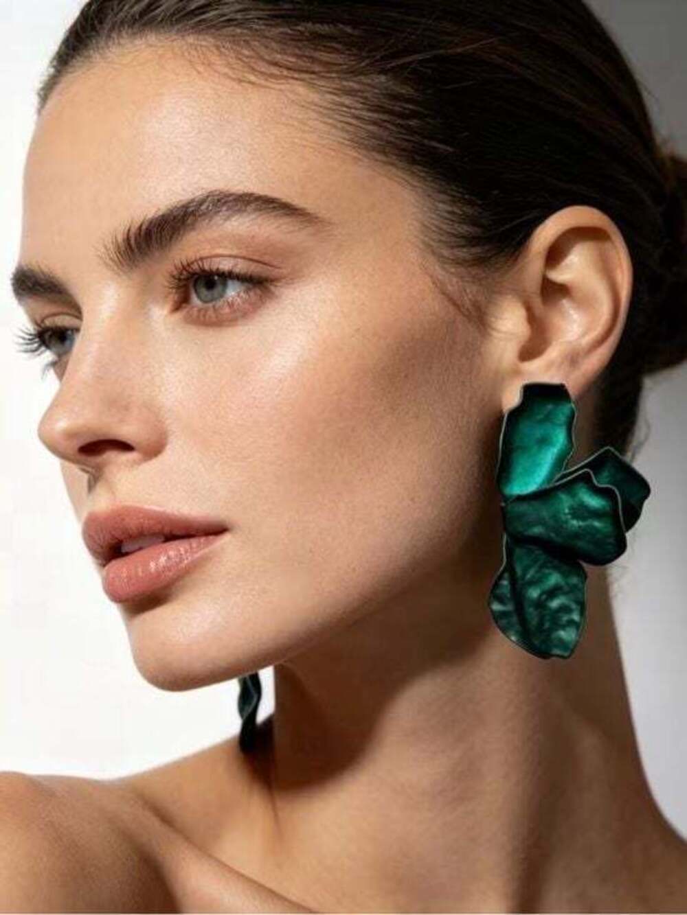 Sculpted Petal Drop Earrings in Green